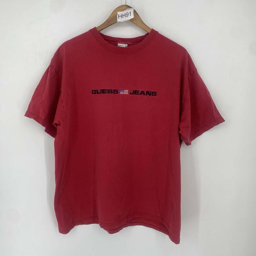 Vintage 90's Y2K Guess Jeans Embroidered Flag Red Tee Made USA Cotton Size XL - Picture 1 of 8